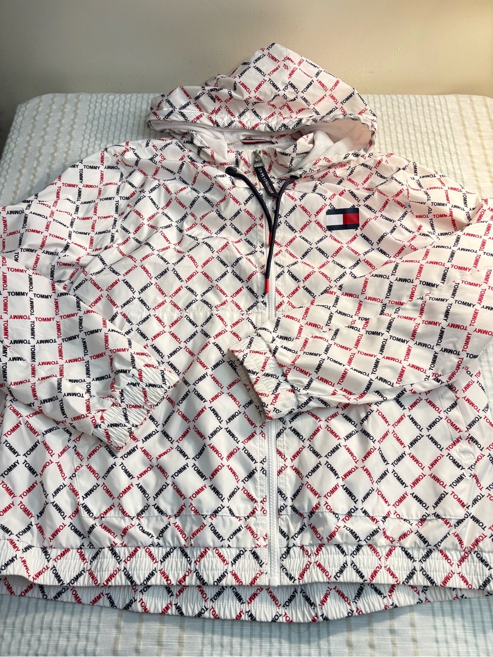 Tommy Hilfiger White Hooded Windbreaker with Red & Blue Logo Print